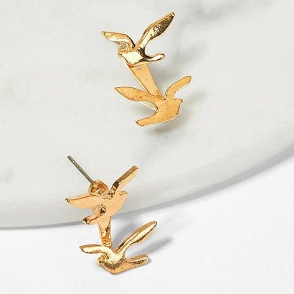 GOLD DOUBLE SPARROW BIRD JACKET STUD EARRINGS - Picture 3 of 6